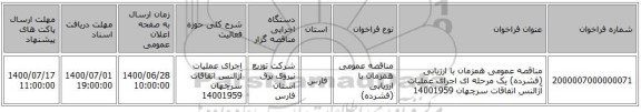 مناقصه عمومی همزمان با ارزیابی (فشرده) یک مرحله ای اجرای عملیات آژالنس اتفاقات سرچهان 14001959
