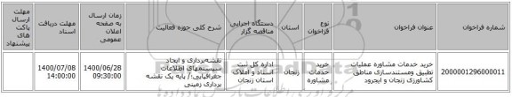خرید خدمات مشاوره عملیات تطبیق ومستندسازی مناطق کشاورزی زنجان و ایجرود