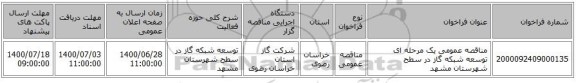 مناقصه عمومی یک مرحله ای توسعه شبکه گاز در سطح شهرستان مشهد 