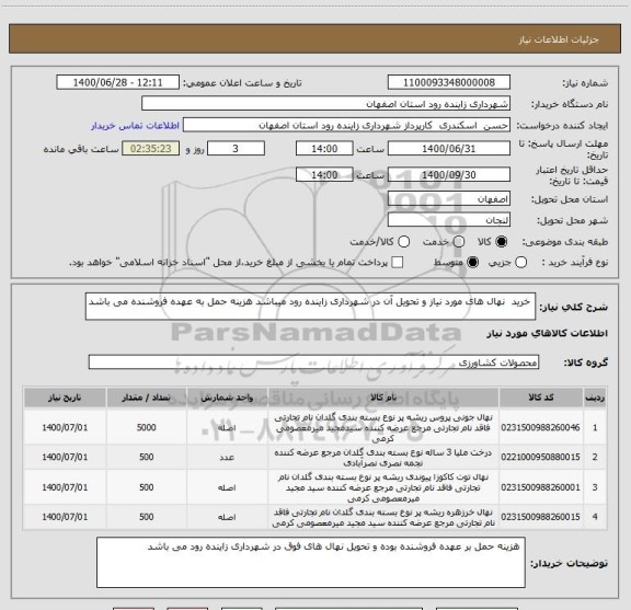 استعلام  خرید  نهال های مورد نیاز و تحویل آن در شهرداری زاینده رود میباشد هزینه حمل به عهده فروشنده می باشد 