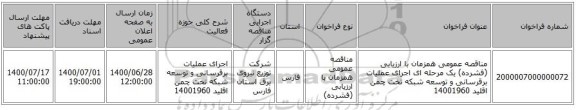 مناقصه عمومی همزمان با ارزیابی (فشرده) یک مرحله ای اجرای عملیات برقرسانی و توسعه شبکه تخت چمن اقلید 14001960
