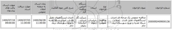 مناقصه عمومی یک مرحله ای  احداث ایستگاههای تقلیل فشار ، اصلاح شبکه تغذیه و توزیع شهرستان تربت جام 