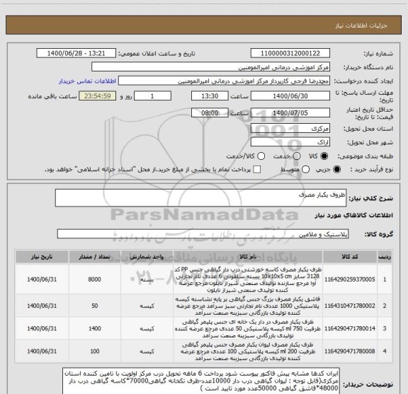 استعلام ظروف یکبار مصرف