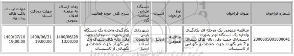 مناقصه عمومی یک مرحله ای  بکارگیری  واجاره یک دستگاه لودر بصورت استیجاری جهت دفن زباله های شهری و 2 نفر نگهبان جهت حفاظت و نگهبانی از تاسیسات  
