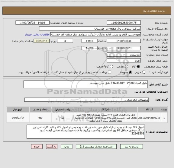 استعلام کابل قدرت N2XSYRY  1*300 / طبق شرح پیوست 