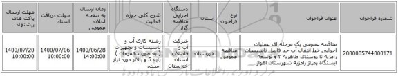 مناقصه عمومی یک مرحله ای عملیات اجرایی خط انتقال آب حد فاصل تاسیسات رامزیه تا روستای طاهریه ۳ و توسعه ایستگاه پمپاژ رامزیه شهرستان اهواز