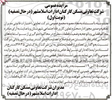 مزایده،مزایده تعدادی از قطعات متعلق به شرکت