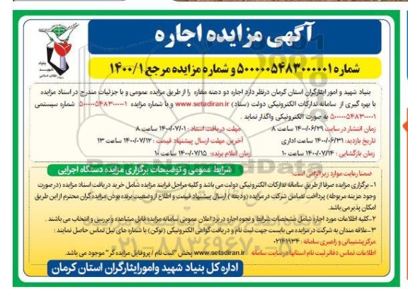 مزایده اجاره دو دهنه مغازه 