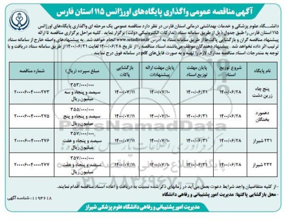 مناقصه عمومی، مناقصه عمومی واگذاری پایگاه های اورژانس 115 استان 