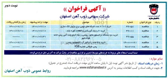 مناقصه خرید 2100 عدد شبکه های چوبی برج بنزول کک سازی ... - نوبت دوم