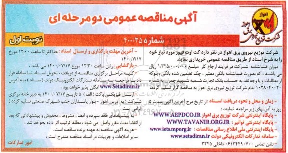 مناقصه، مناقصه خرید کت اوت فیوز 