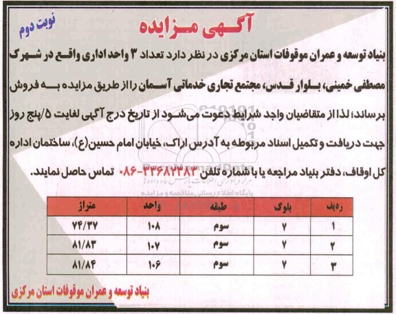 مزایده، مزایده فروش 3 واحد اداری نوبت دوم 