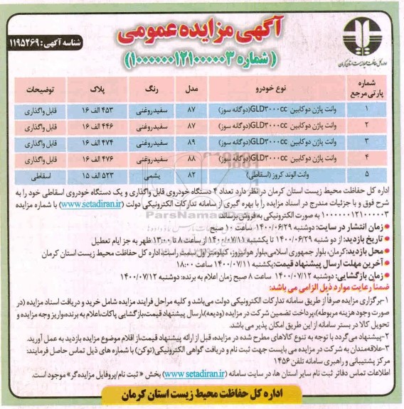 مزایده فروش 4 دستگاه خودروی قابل واگذاری و یک دستگاه خودروی اسقاطی