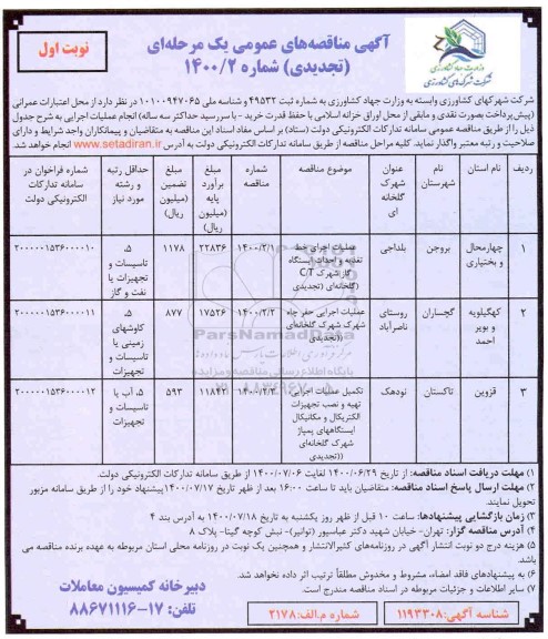 تجدید مناقصه،تجدید مناقصه عملیات اجرای خط تغذیه و احداث ایستگاه C/T گاز شهرک گلخانه ای ... 