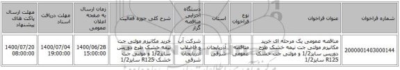 مناقصه عمومی یک مرحله ای خرید مکانیزم مولتی جت نیمه خشک طرح دوریس سایز1/2 و مولتی جت خشک R125 سایز1/2