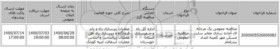 مناقصه عمومی یک مرحله ای آماده سازی معابر سایت مسکن مهر کمیته امداد بندرامام