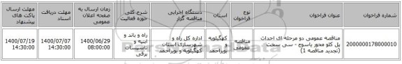مناقصه عمومی دو مرحله ای احداث پل کلو محور یاسوج - سی سخت (تجدید مناقصه 1)
