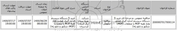 مناقصه عمومی دو مرحله ای خرید 5 دستگاه سیستم اندازه گیری هوایی ولتاژ اولیه MOF با متعلقات (MOF، دژنکتور و تابلو رله)