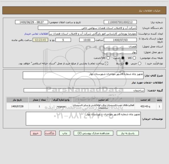 استعلام تجهیز چاه شماره 6شهر مهاجران شهرستان بهار