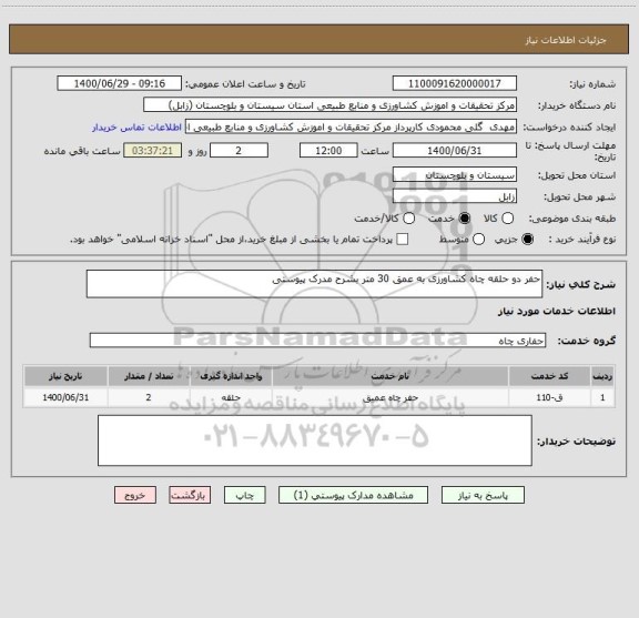 استعلام حفر دو حلقه چاه کشاورزی به عمق 30 متر بشرح مدرک پیوستی