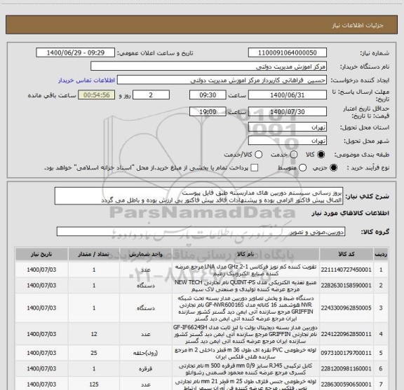 استعلام بروز رسانی سیستم دوربین های مداربسته طبق فایل پیوست
الصاق پیش فاکتور الزامی بوده و پیشنهادات فاقد پیش فاکتور بی ارزش بوده و باطل می گردد