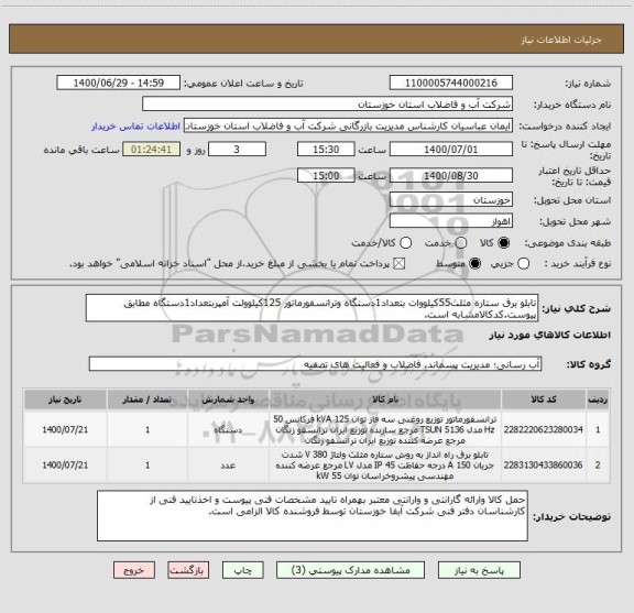 استعلام تابلو برق ستاره مثلث55کیلووات بتعداد1دستگاه وترانسفورماتور 125کیلوولت آمپربتعداد1دستگاه مطابق پیوست.کدکالامشابه است.