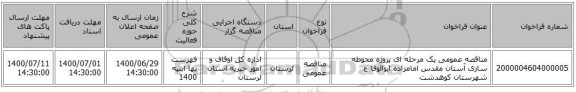 مناقصه عمومی یک مرحله ای پروژه محوطه سازی آستان مقدس امامزاده ابوالوفا ع شهرستان کوهدشت