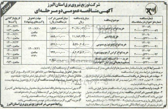 مناقصه، مناقصه خرید انواع ترانسفورماتور ... 