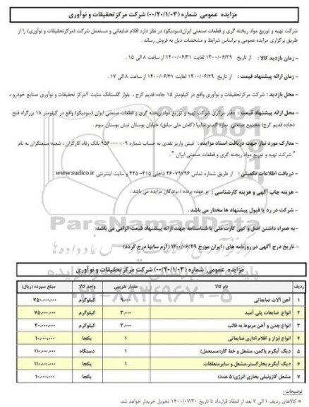 مزایده اقلام ضایعاتی و مستعمل 