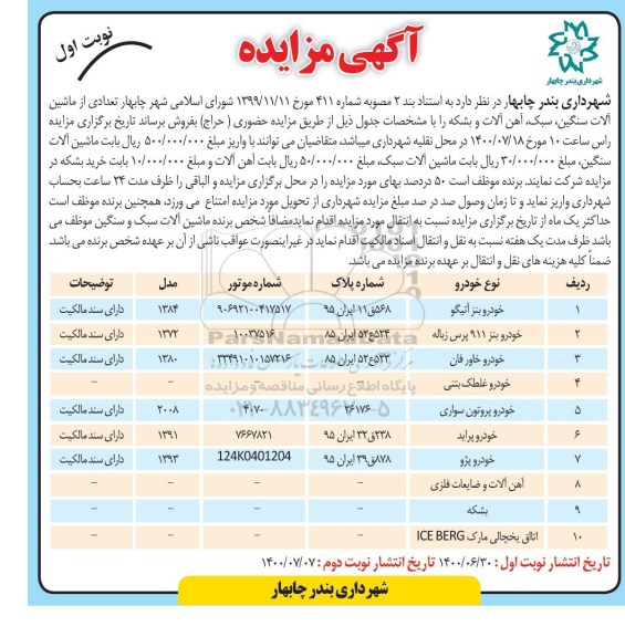 مزایده، مزایده فروش تعدادی از ماشین آلات سنگین، سبک، آهن آلات و بشکه