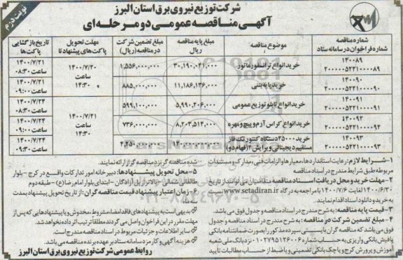 مناقصه خرید انواع ترانسفورماتور ... نوبت دوم 