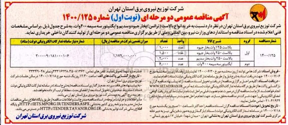 مناقصه،مناقصه خرید انواع بالاست (ترانس) بخار جیوه و سدیم و ایگنیتور سه سیمه 400 وات