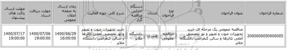 مناقصه عمومی یک مرحله ای خرید تجهیزات صوت و تصویر و نور تخصصی آمفی تئاترها و سالن کنفرانس دانشگاه ملایر