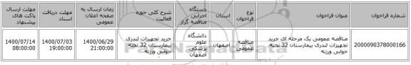 مناقصه عمومی یک مرحله ای خرید تجهیزات لندری بیمارستان 32 تخته خوابی ورزنه