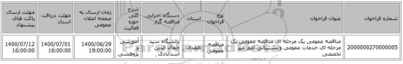 مناقصه عمومی یک مرحله ای مناقصه عمومی یک مرحله ای خدمات عمومی و پشتیبانی امور غیر تخصصی