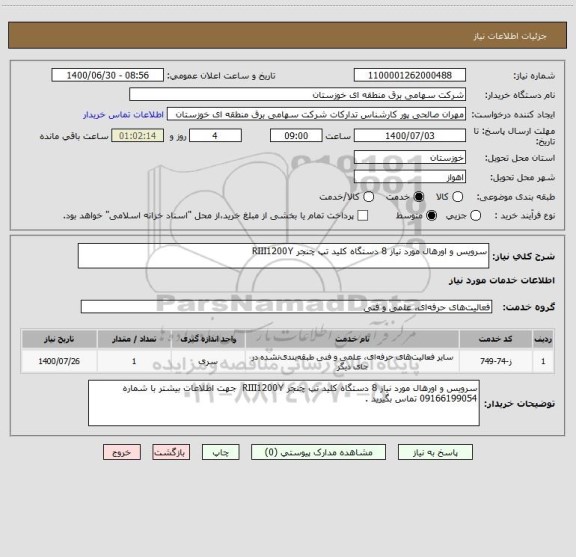 استعلام سرویس و اورهال مورد نیاز 8 دستگاه کلید تپ چنجر RIII1200Y