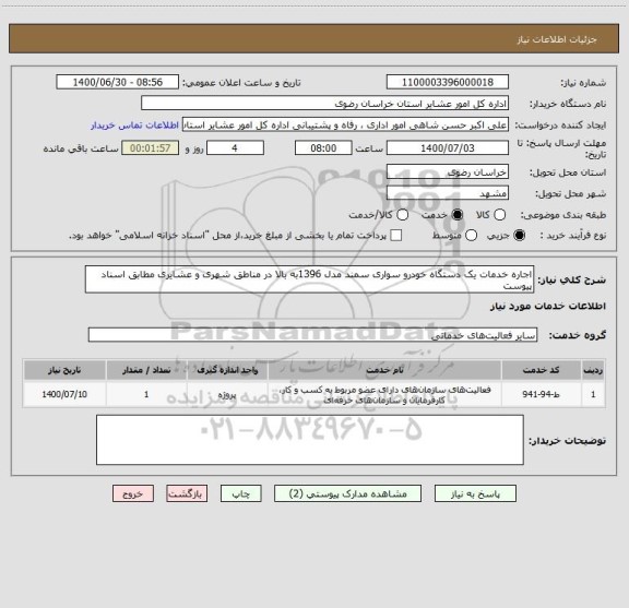 استعلام اجاره خدمات یک دستگاه خودرو سواری سمند مدل 1396به بالا در مناطق شهری و عشایری مطابق اسناد پیوست