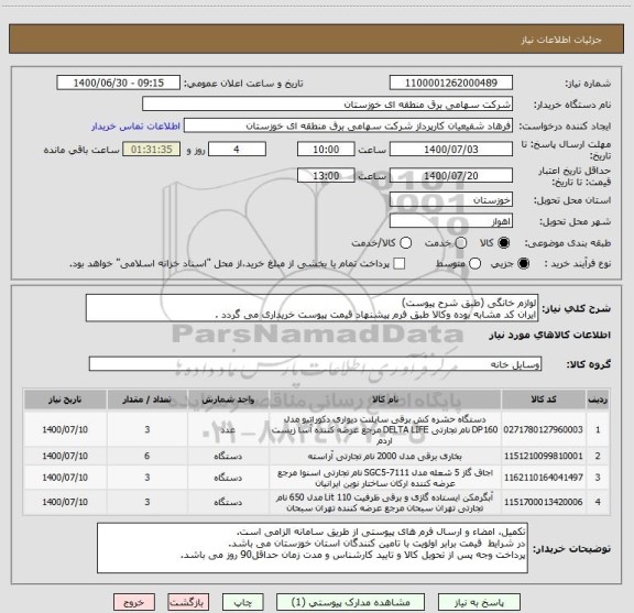 استعلام لوازم خانگی (طبق شرح پیوست)
ایران کد مشابه بوده وکالا طبق فرم پیشنهاد قیمت پیوست خریداری می گردد .