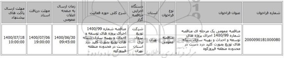 مناقصه عمومی یک مرحله ای مناقصه شماره 1400/99 اجرای پروژه های توسعه و احداث و بهینه سازی شبکه های توزیع بصورت کلید درد دست در محدوده  منطقه فیروزکوه
