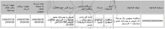مناقصه عمومی یک مرحله ای تعریض و بهسازی محور میاندوآب – فسندوز