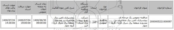 مناقصه عمومی یک مرحله ای برونسپاری تامین برق متقاضیان در محدوده منطقه برق شرق کرج – گروه چهار
