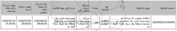 مناقصه عمومی یک مرحله ای برونسپاری تامین برق متقاضیان در محدوده منطقه برق شرق کرج – گروه دو