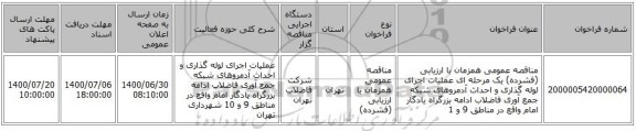 مناقصه عمومی همزمان با ارزیابی (فشرده) یک مرحله ای عملیات اجرای لوله گذاری و احداث آدمروهای شبکه جمع آوری فاضلاب ادامه بزرگراه یادگار امام واقع در مناطق 9 و 1
