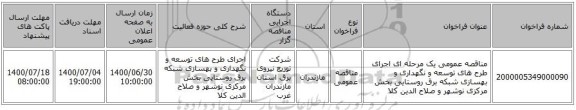 مناقصه عمومی یک مرحله ای اجرای طرح های  توسعه و نگهداری و بهسازی شبکه برق روستایی بخش مرکزی نوشهر و صلاح الدین کلا 