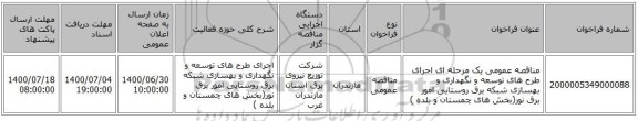 مناقصه عمومی یک مرحله ای اجرای طرح های  توسعه و نگهداری و بهسازی شبکه برق روستایی امور برق نور(بخش های چمستان و بلده ) 