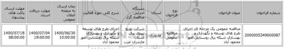 مناقصه عمومی یک مرحله ای اجرای طرح های  توسعه و نگهداری و بهسازی شبکه برق روستایی  امور محمود آباد 