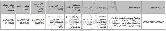 مناقصه عمومی همزمان با ارزیابی (فشرده) یک مرحله ای احداث ساختمان مرکز فرعی جستجو ونجات دریایی mrccبندر زرآباد