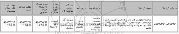 مناقصه عمومی همزمان با ارزیابی (فشرده) یک مرحله ای اجرای عملیات گازرسانی به شبکه های توسعه یافته و انشعابات پراکنده شهرستان خانمیرزا