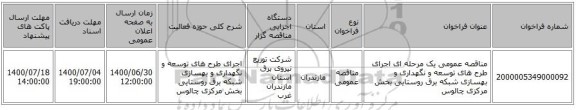 مناقصه عمومی یک مرحله ای اجرای طرح های توسعه و نگهداری و بهسازی شبکه برق روستایی بخش مرکزی چالوس 