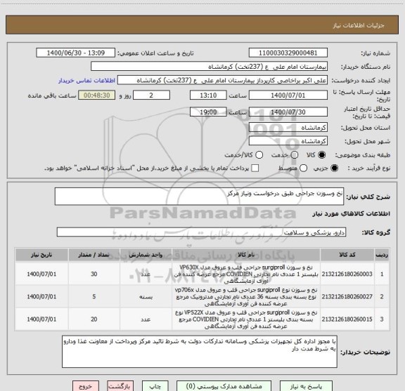 استعلام نخ وسوزن جراحی طبق درخواست ونیاز مرکز 